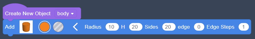 cylinder options expanded, showing: Radius(10), H(20), Sides(20), edge(0), Edge Steps(1)